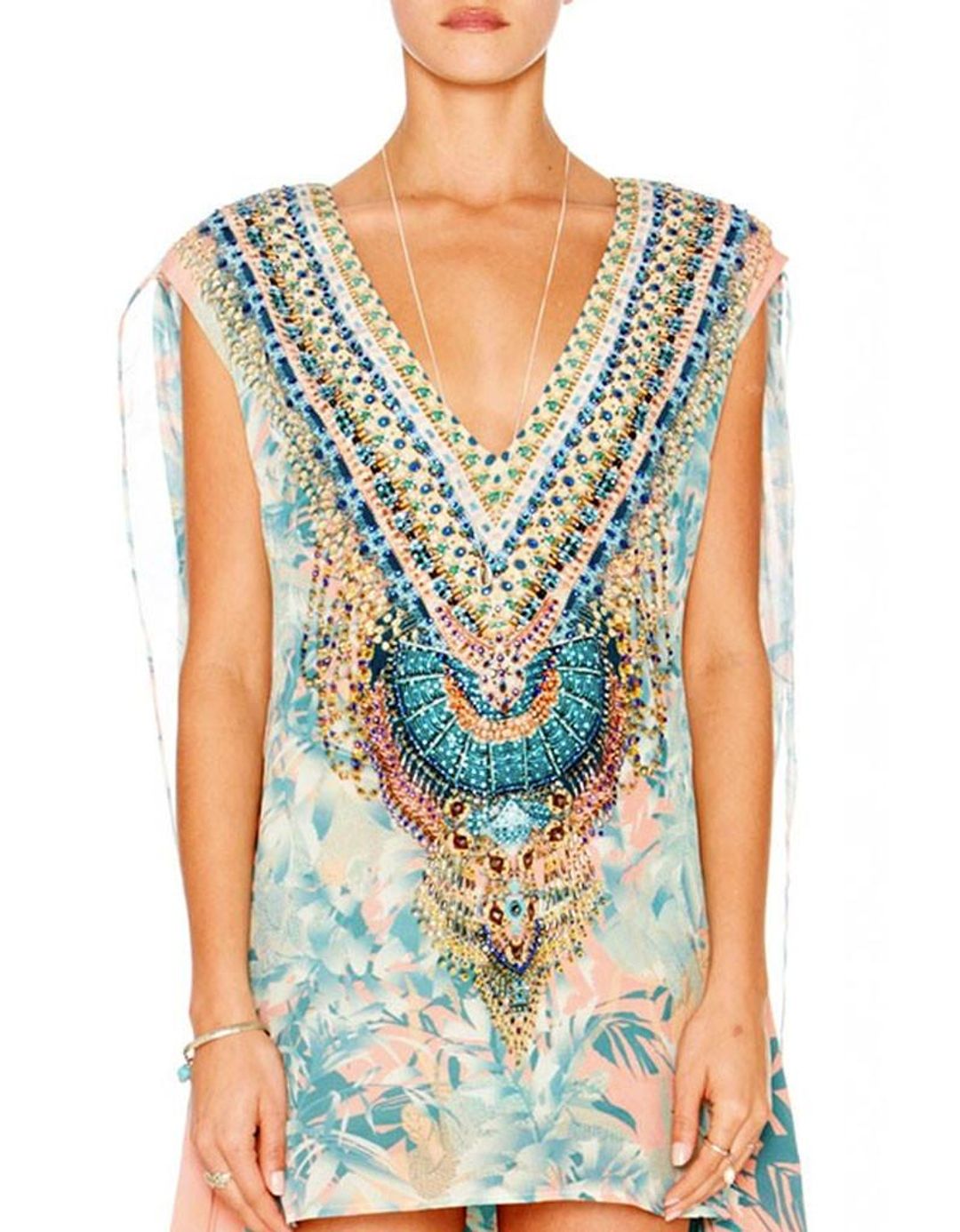 Camilla Deep V Mini Dress with Cape in Garden of Dream Blue Print Size 2 for rent on The Volte - main image