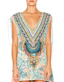 Camilla Deep V Mini Dress with Cape in Garden of Dream Blue Print Size 2 for rent on The Volte - image 2