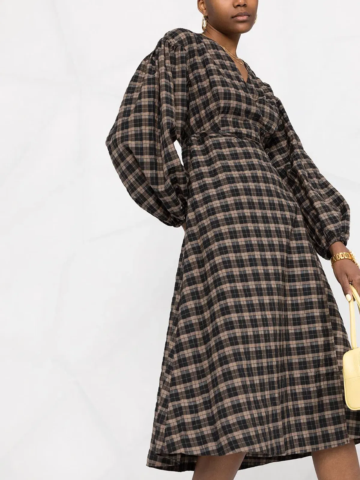 Ganni Fossil Seer Sucker Wrap Dress Check Print Size M / AU 10 - Image 2