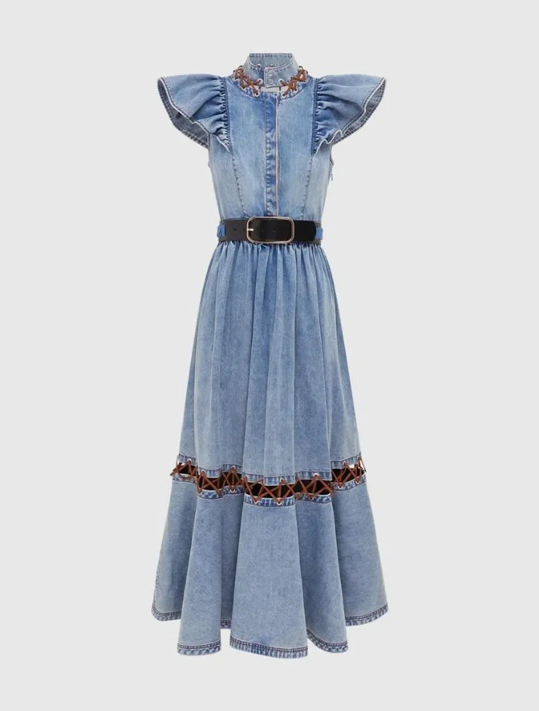 Leo Lin Amelie Butterfly Sleeveless Denim Midi Dress Sand Wash Blue Size 6 for rent on The Volte - main image