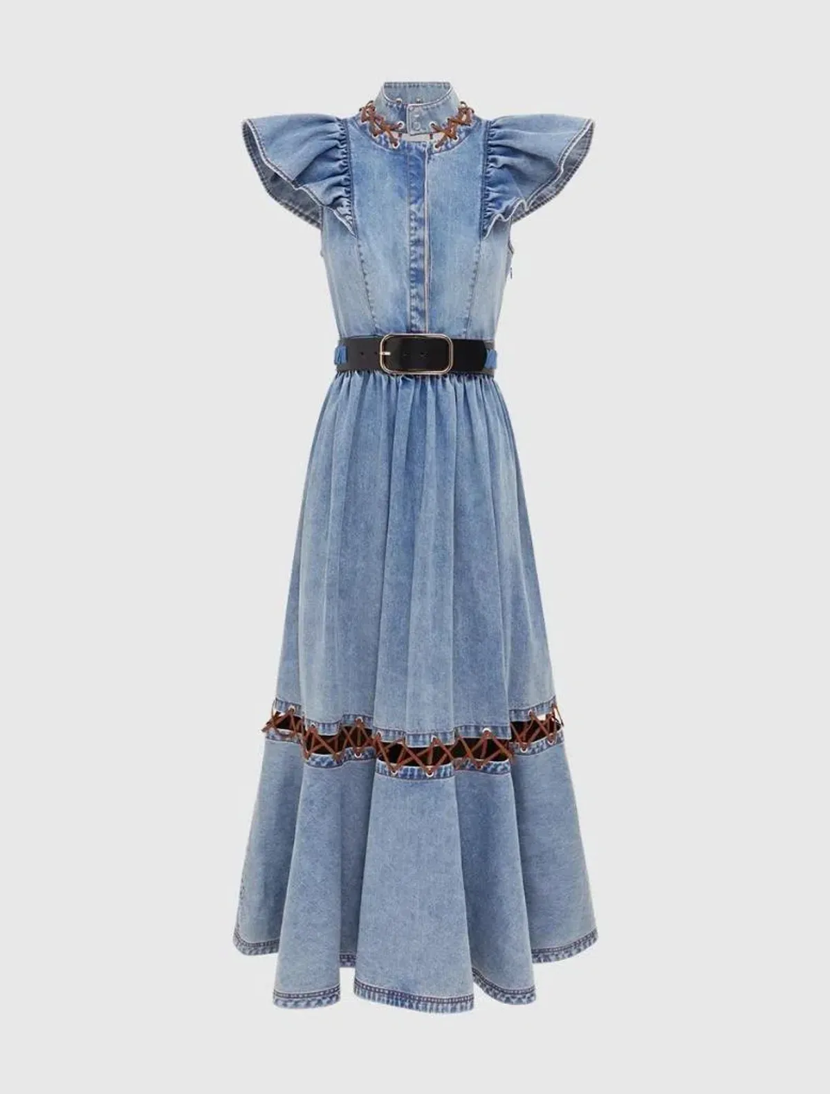 Leo Lin Amelie Butterfly Sleeveless Denim Midi Dress Sand Wash Blue Size 6 for rent on The Volte - main image