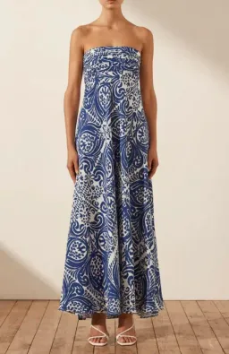 Shona Joy Pombeline Strapless Corded Maxi Dress in Ivory/Blue Print Size 8 for rent on The Volte - image 4