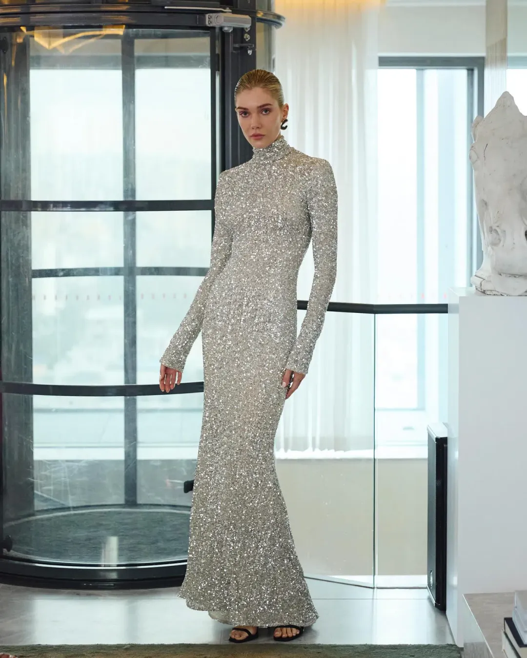 Carla Zampatti Ivory Crushed Sequin Sleeved Gown Silver Size 4 for rent on The Volte - main image