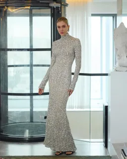 Carla Zampatti Ivory Crushed Sequin Sleeved Gown Silver Size 4 for rent on The Volte - image 2