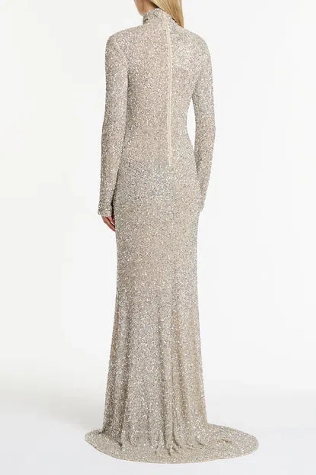 Carla Zampatti Ivory Crushed Sequin Sleeved Gown Silver Size 4 for rent on The Volte - main image