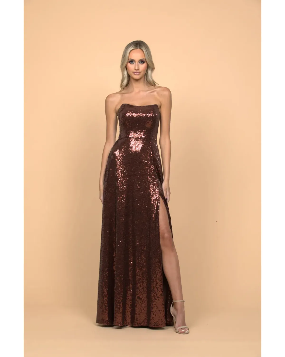 Bariano Miya Strapless Flowy A-line Gown In Chocolate Size AU 10 for rent on The Volte - main image