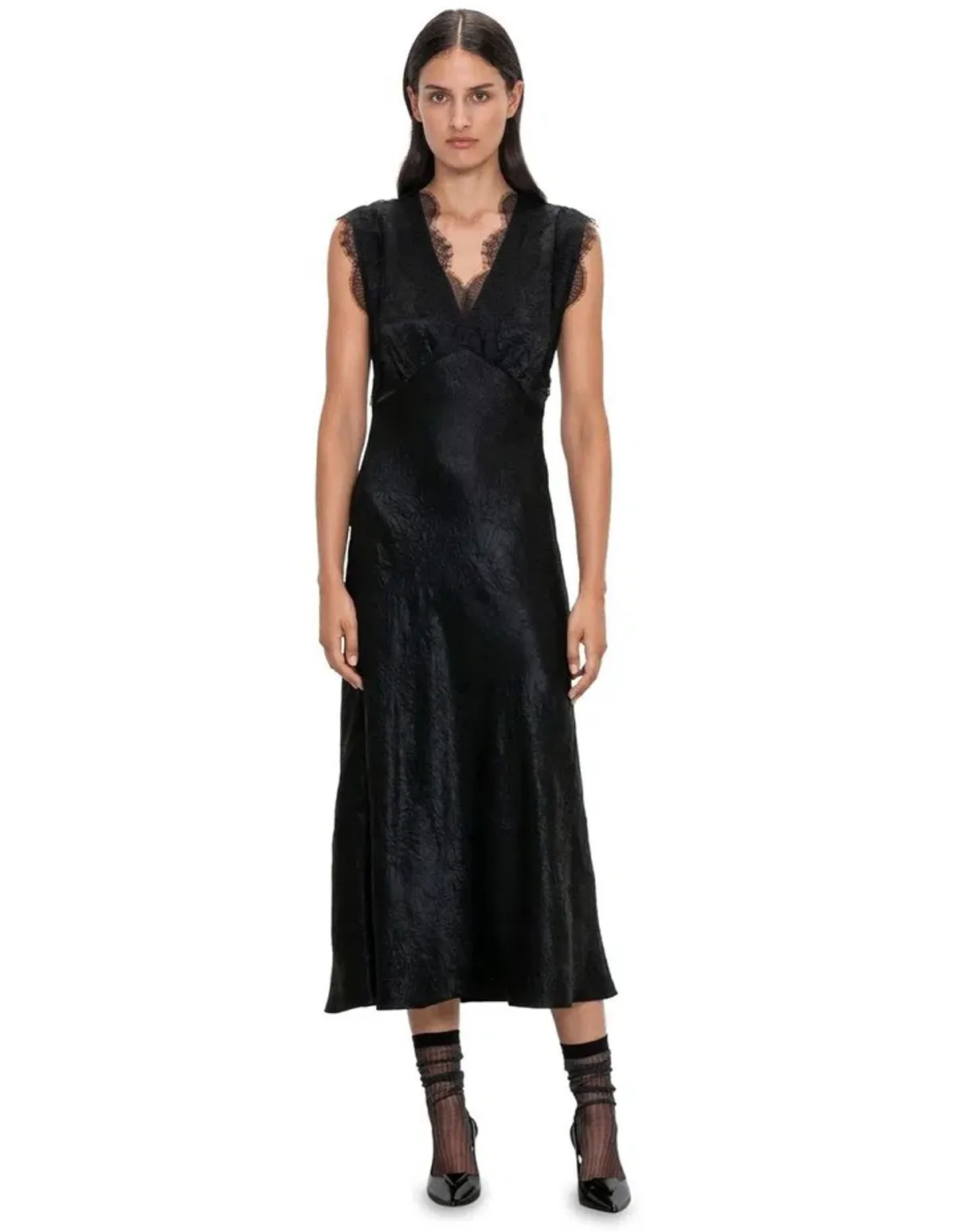 Veronika Maine Crushed Satin Lace Dress Black Size 8 for rent on The Volte - main image