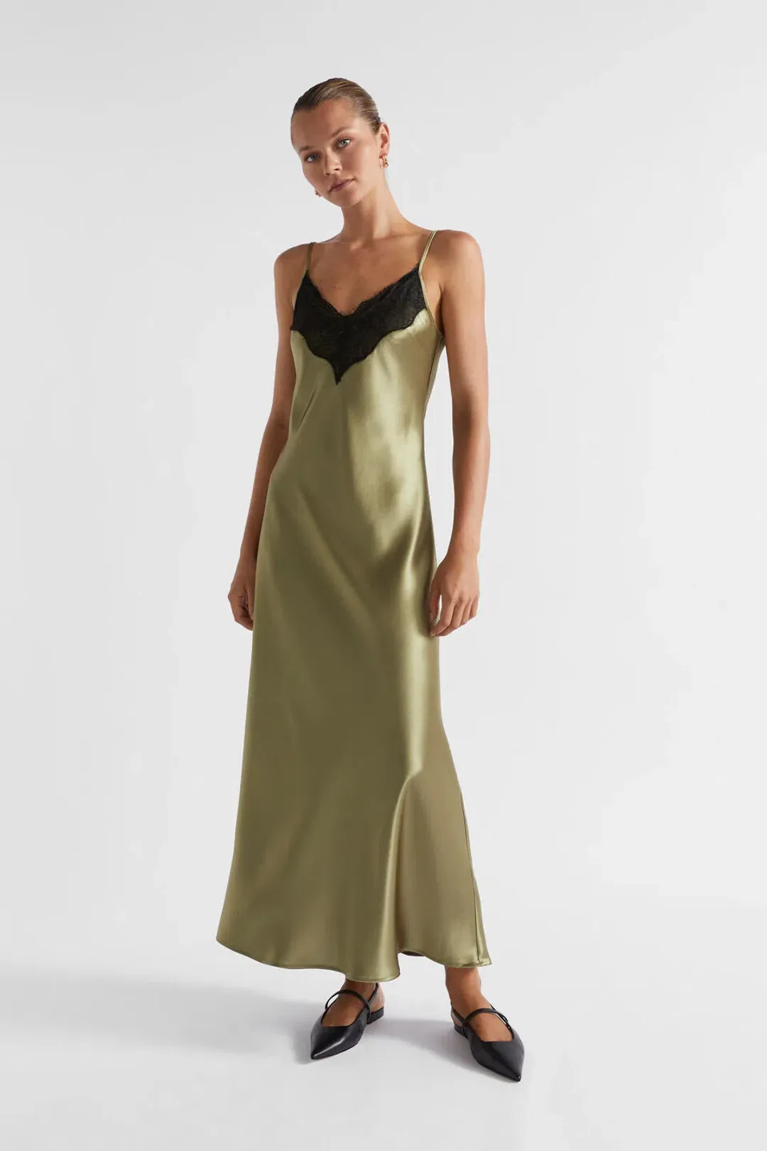 SEED Satin Lace Trim Slip Dress pistachio size 4 for rent on The Volte - main image