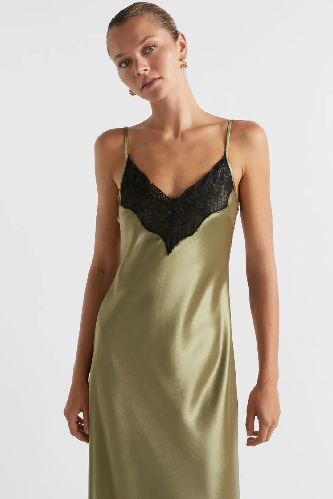 SEED Satin Lace Trim Slip Dress pistachio size 4 for rent on The Volte - main image