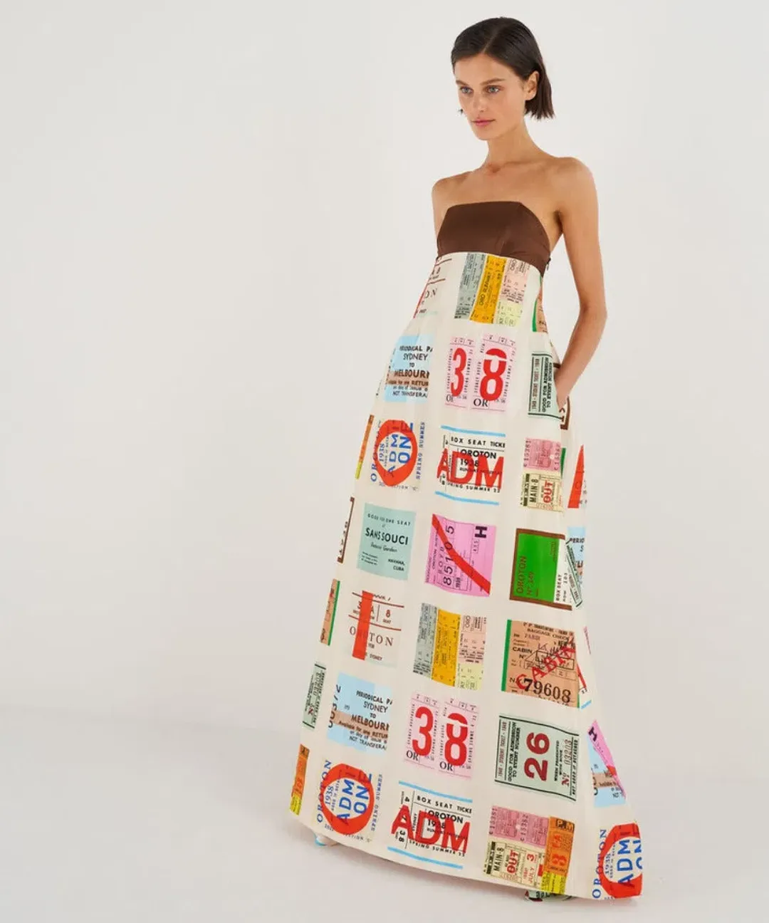 Oroton Ticket Print Gown Multi Size 10 for rent on The Volte - main image