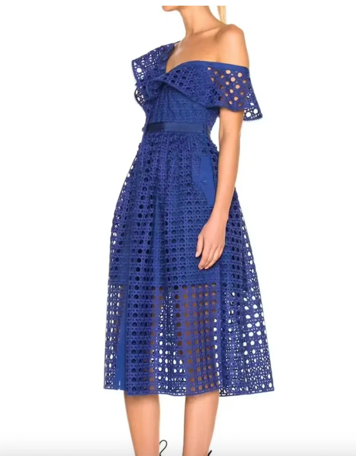 Self Portrait Guipure One Shoulder Lace Dress Cobalt Blue Size 8 - Image 2