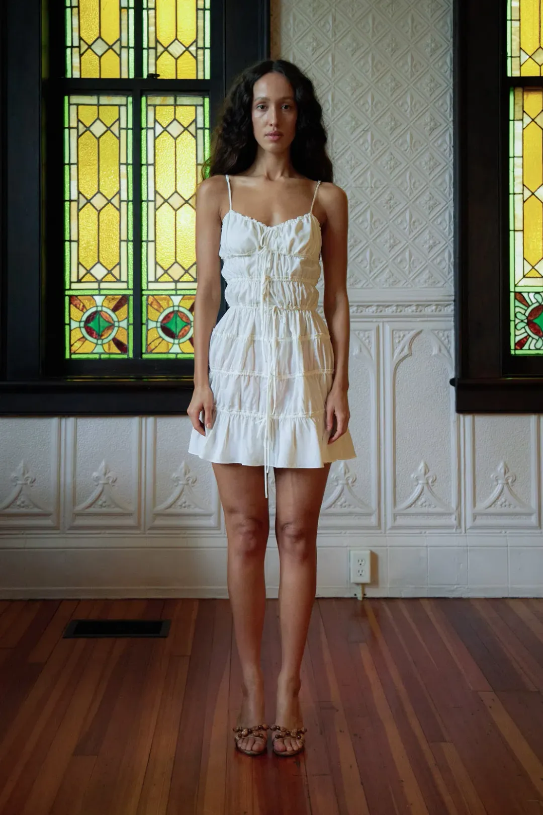 Mirror Palais Tunnel Ruffle Mini Skirt & Cami Top Set in Cloud Size S/ Au 8 for rent on The Volte - main image