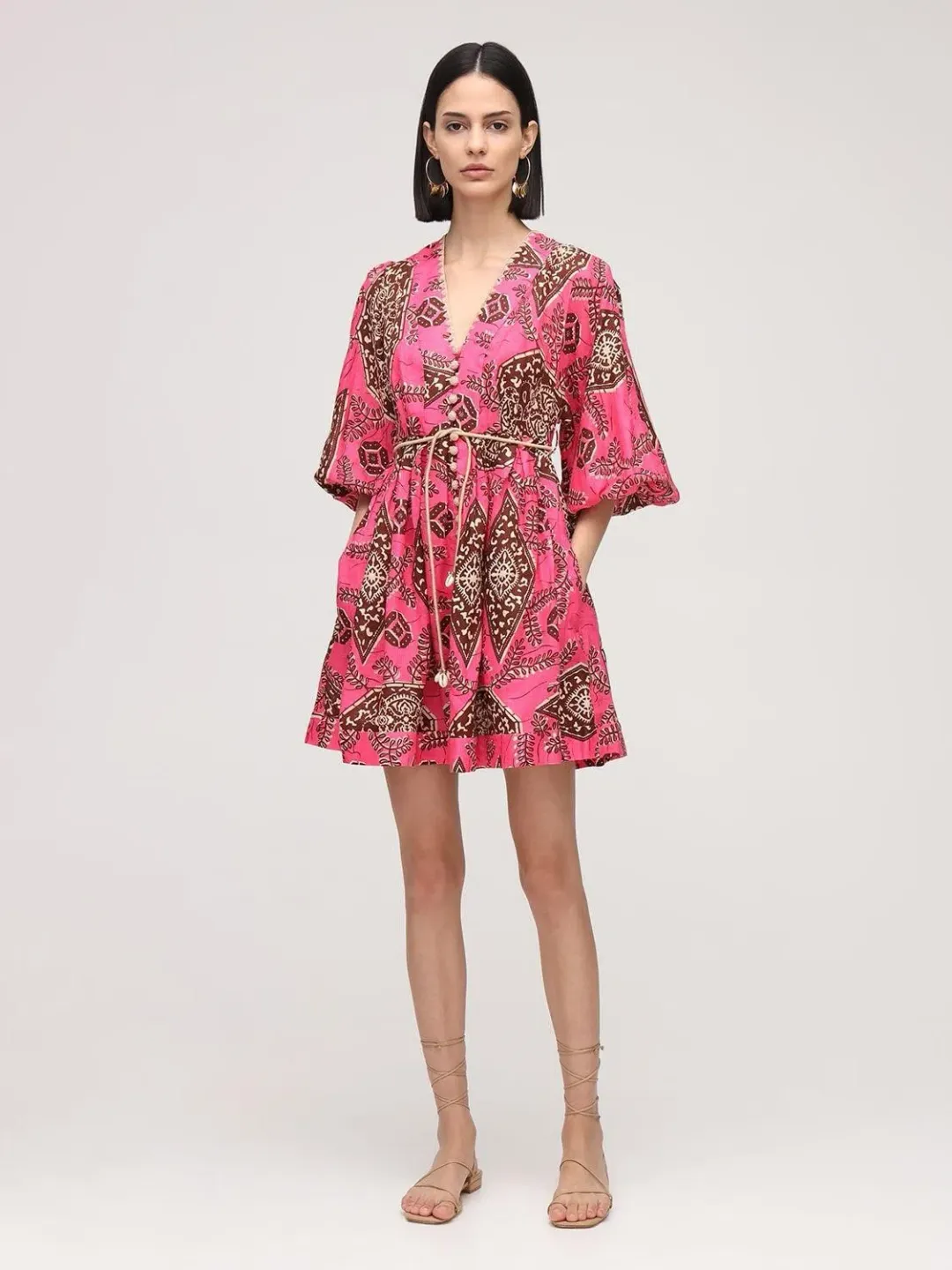 Zimmermann Lulu Plunge Printed Mini Dress in Pink Size 0P/ AU 6 for rent on The Volte - main image