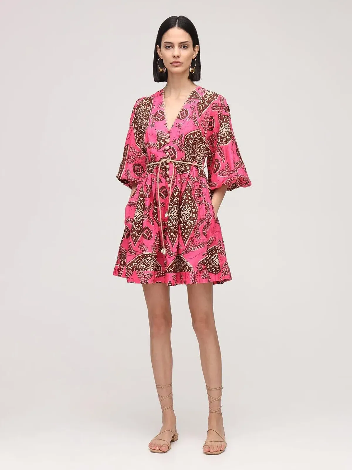 Zimmermann Lulu Plunge Printed Mini Dress in Pink Size 0P/ AU 6 for rent on The Volte - main image