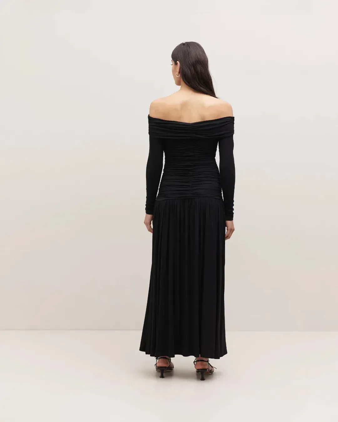 Minima Esenciales Loretta Ruched Maxi Dress Black Size 6 for rent on The Volte - main image