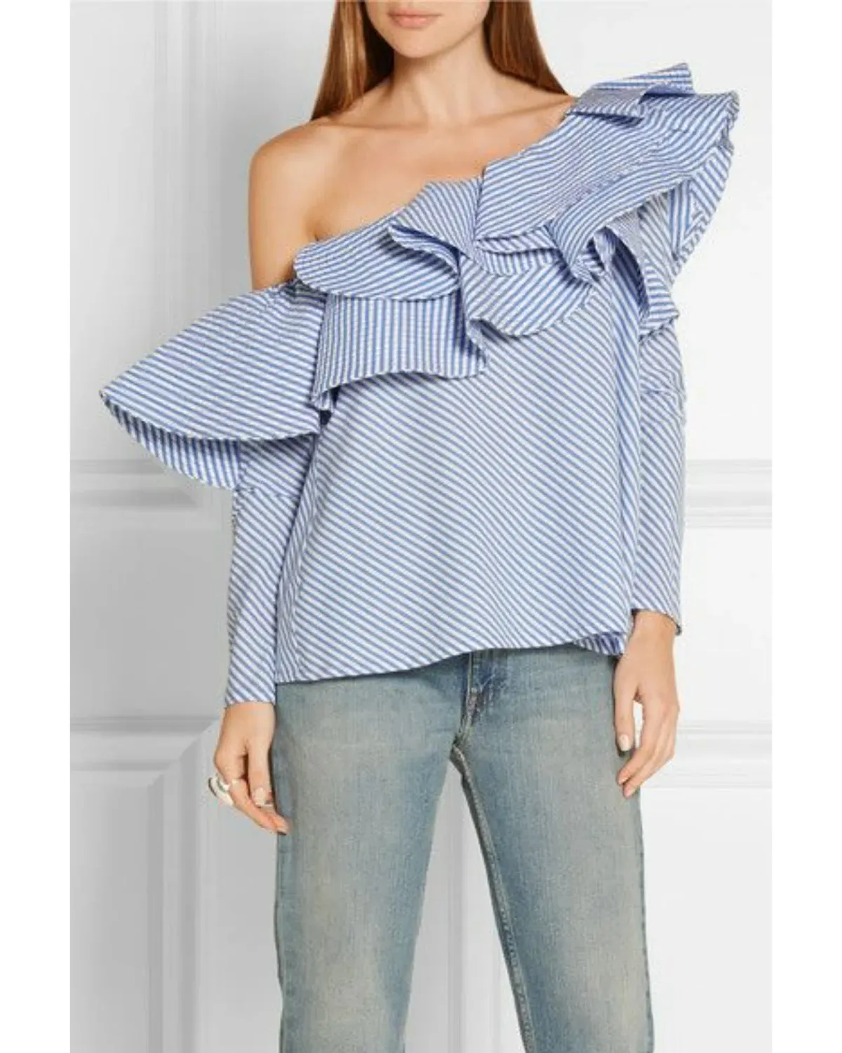 Johanna Ortiz Anastasia One Shoulder Top in Blue Stripe Size AU 8 - Image 2