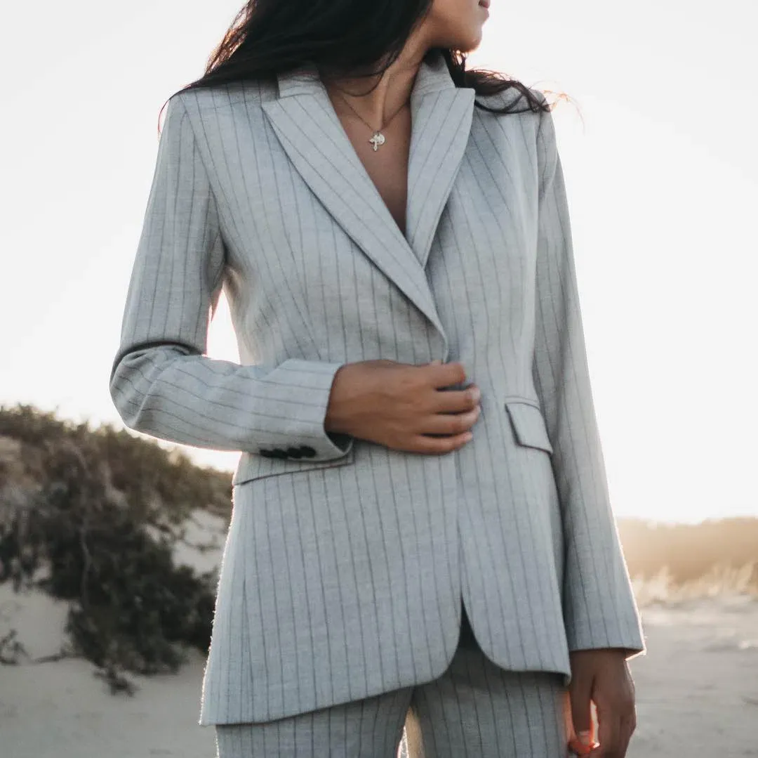 Farage Dylan Woolblend Suit in Gray Pinstripe Size 6 for rent on The Volte - main image