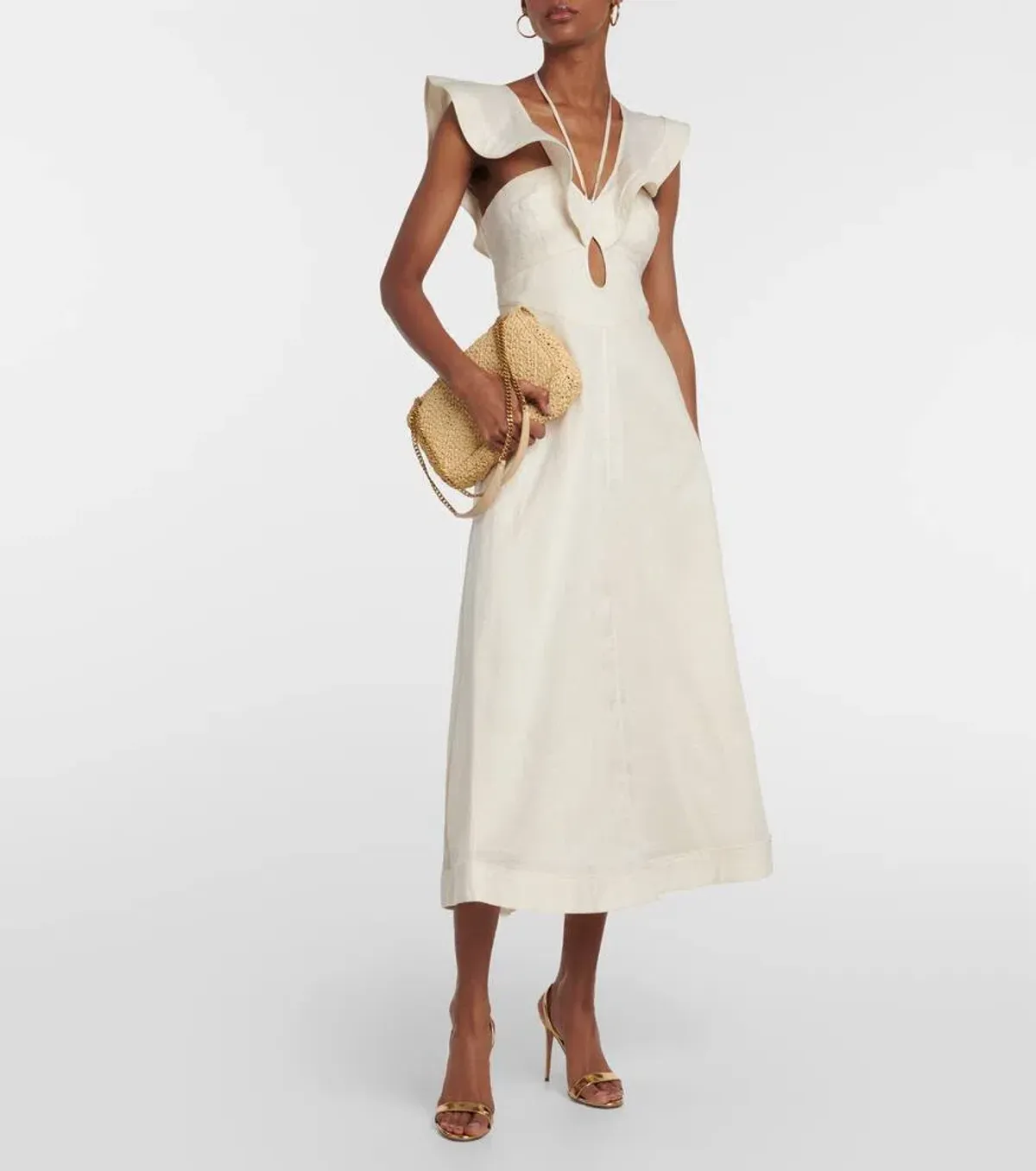 Zimmermann Halcyon Cutout Ruffled Shell Embellished Linen Midi Dress Cream Size 4/AU 16 - Image 1