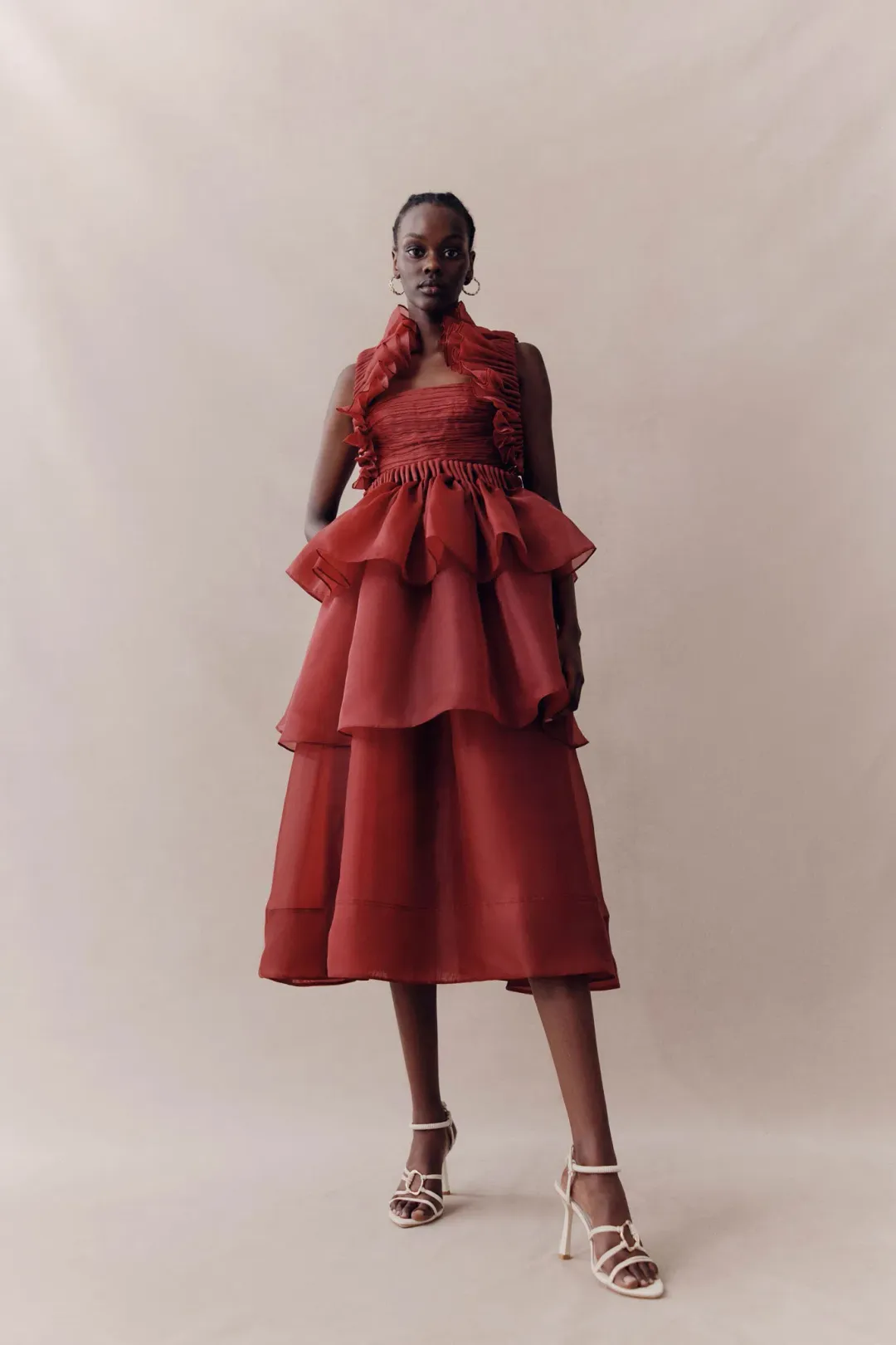 Aje Asra Pleated Frill Midi Dress Mahogany Size 14 for rent on The Volte - main image