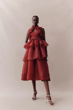 Aje Asra Pleated Frill Midi Dress Mahogany Size 14 for rent on The Volte - image 1