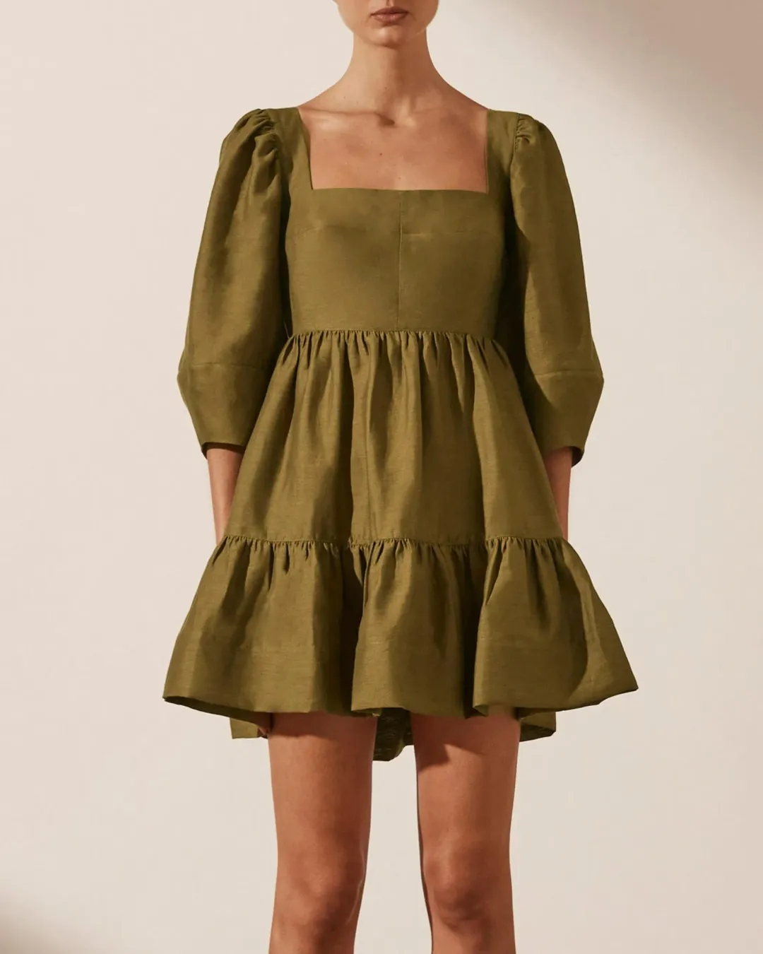 Shona Joy Maya Open Back Mini Dress Cumin Size AU 6 for rent on The Volte - main image