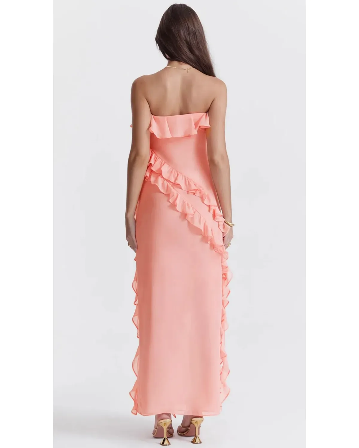 House Of CB Sarina Ruffle Maxi Dress Apricot Size AU 8 - Image 3