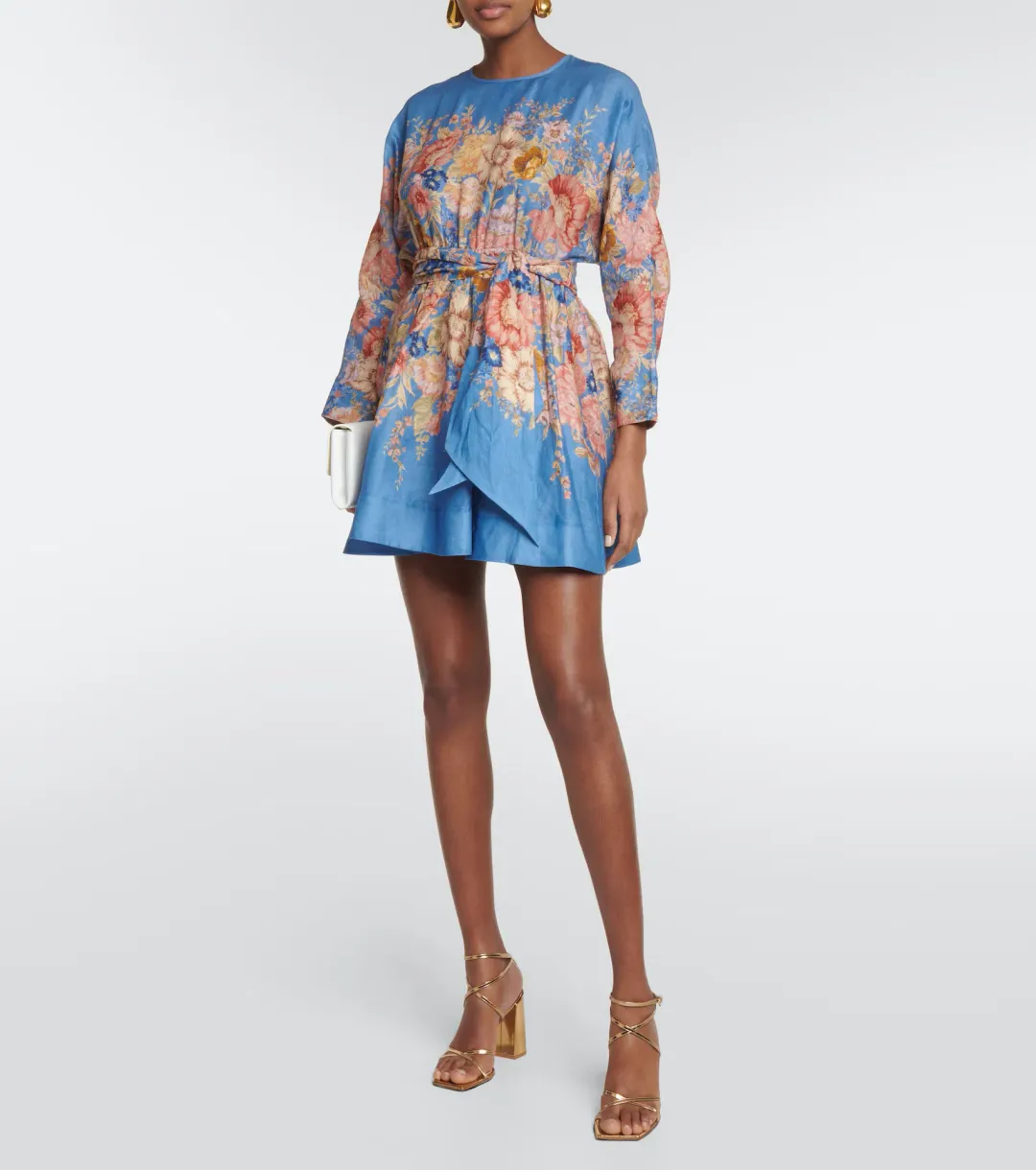 Zimmermann August Belted Long Sleeve Mini Dress Dusty Blue Floral Size 4 / AU 16 for rent on The Volte - main image