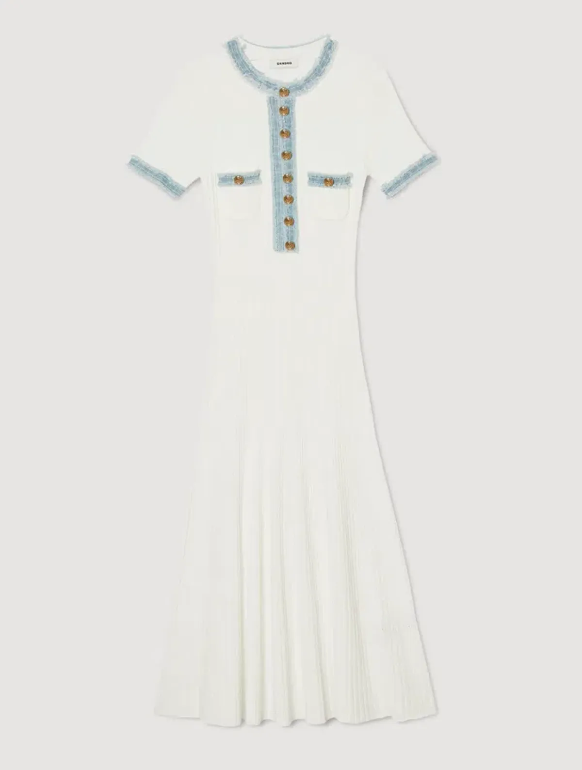 Sandro Knit and Denim Midi Dress White Size 8 - Image 5