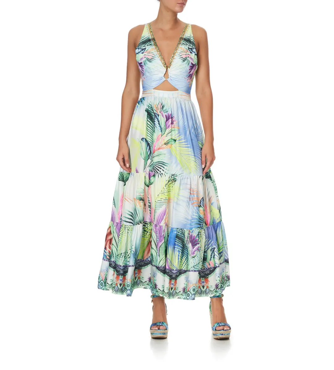 Camilla V Neck Cut Out Dress Whats Your Vice Multi Size Large / Au 16 for rent on The Volte - main image