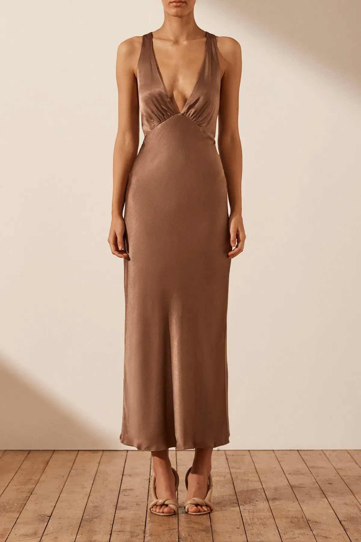 Shona Joy Milo Plunged Cross Back Midi Dress Cacao Size 6 for rent on The Volte - main image