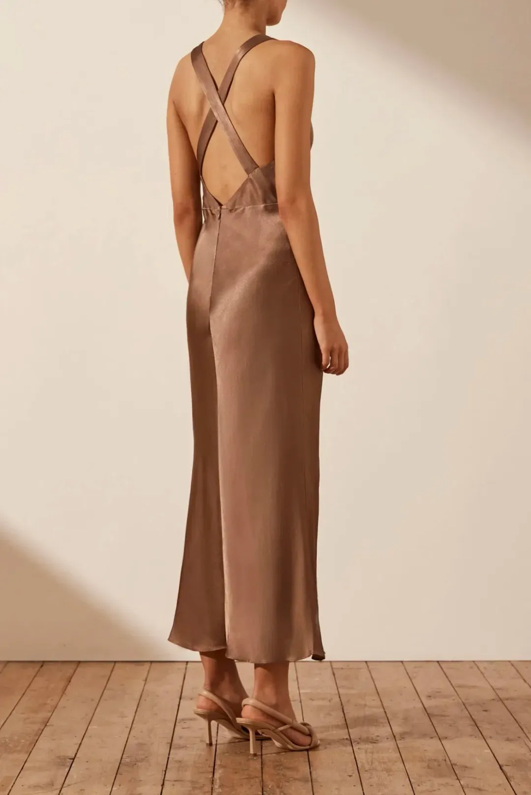 Shona Joy Milo Plunged Cross Back Midi Dress Cacao Size 6 for rent on The Volte - main image