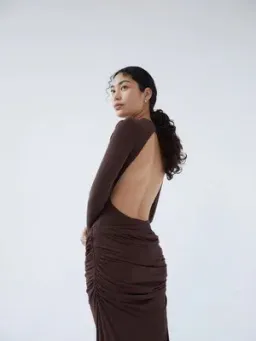 Paris Georgia Backless Bodysuit And Raffy Draped Skirt In Cocoa Size S / AU 8 for rent on The Volte - image 2