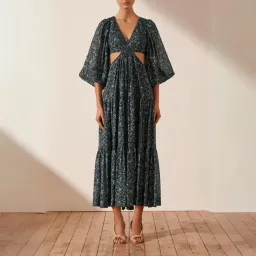 Shona Joy Denise Pin Tuck Cut Out Balloon Sleeve Midi Dress Navy Print Size 10 for rent on The Volte - image 1