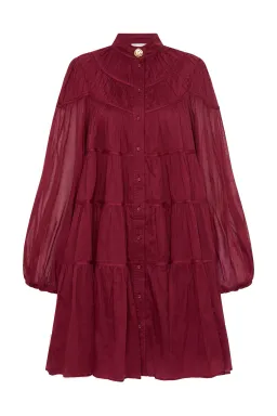 Aje Erika Ruched Tiered Mini Dress Mahogony Red Size 10 for rent on The Volte - image 3