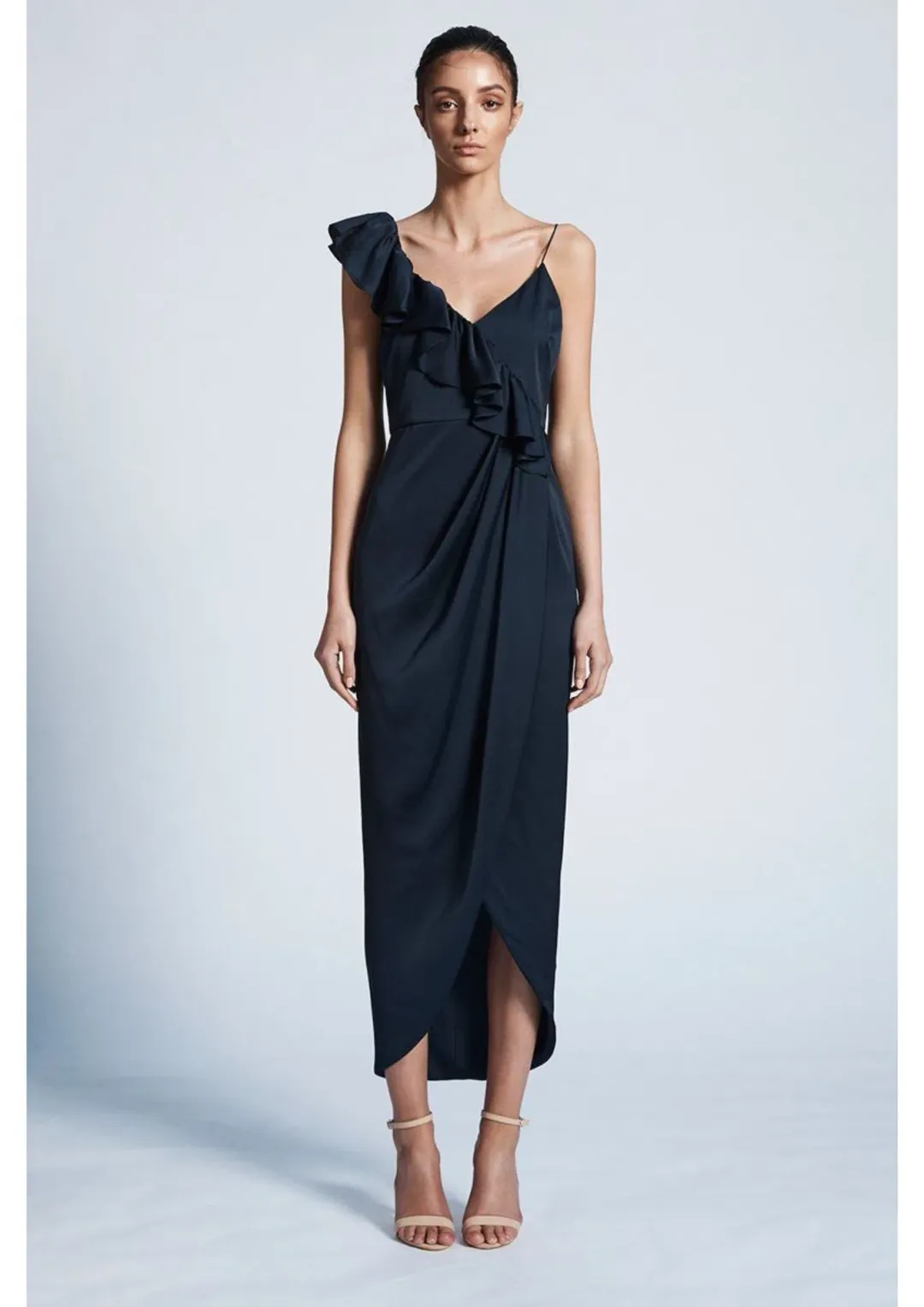 Shona Joy Asymmetrical Frill Draped Dress in Sapphire Size 6 for rent on The Volte - main image