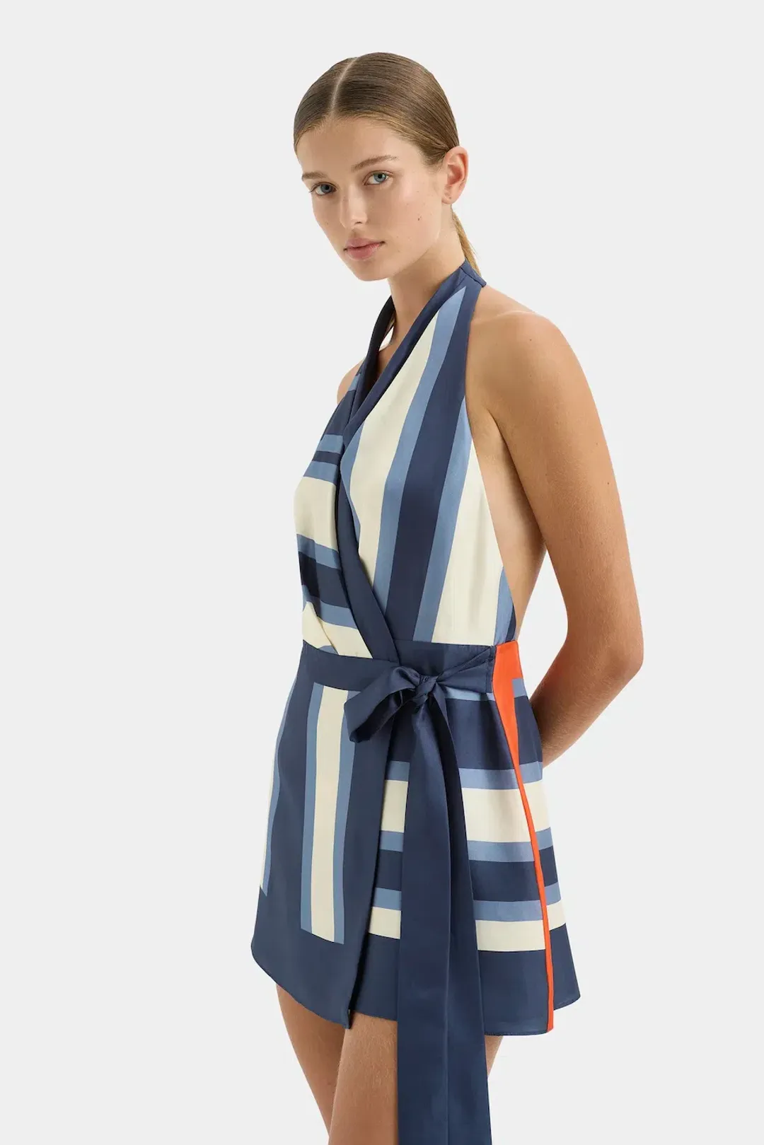 Sir The Label Dazed Wrap Halter Mini Dress Blue Studio Print Size 1 / AU 6-8 for rent on The Volte - main image