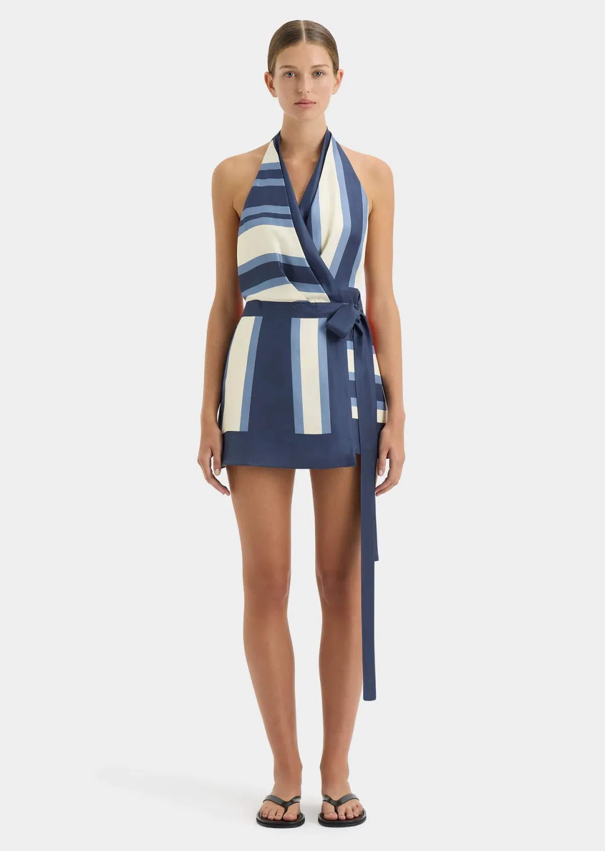 Sir The Label Dazed Wrap Halter Mini Dress Blue Studio Print Size 1 / AU 6-8 for rent on The Volte - main image