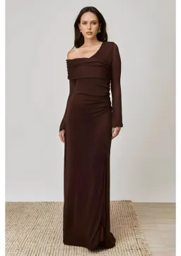Mon Renn Overlay Sleeved Midi Dress in Chocolate Size 14 for rent on The Volte - image 1