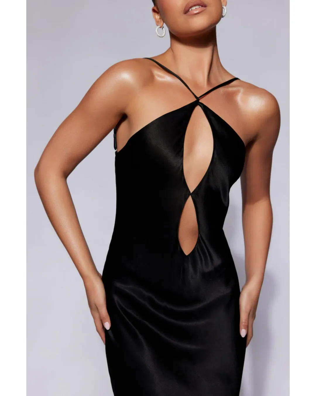 MESHKI Lucia Satin Cut Out Maxi Dress Black Size Small / AU 8 for rent on The Volte - main image