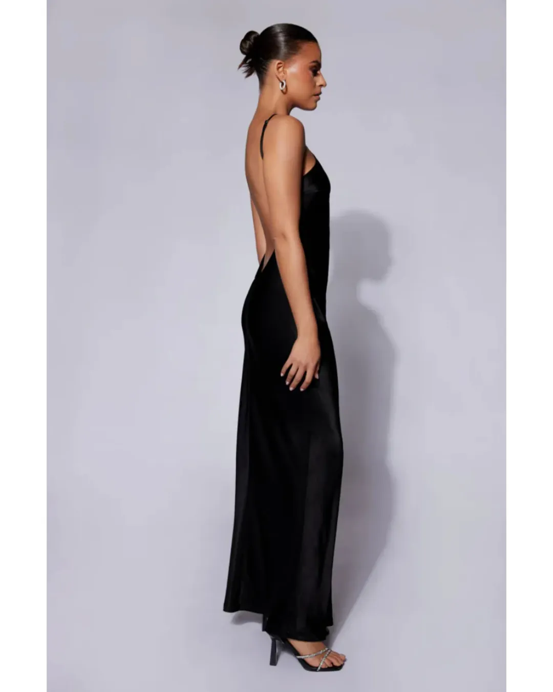 MESHKI Lucia Satin Cut Out Maxi Dress Black Size Small / AU 8 for rent on The Volte - main image