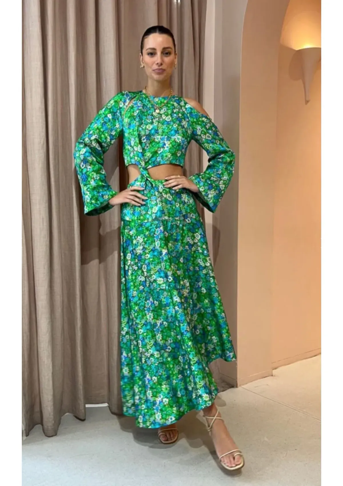 Alemais Cassandra Cut Out Midi Dress Turquoise Floral Size 6 - Image 1