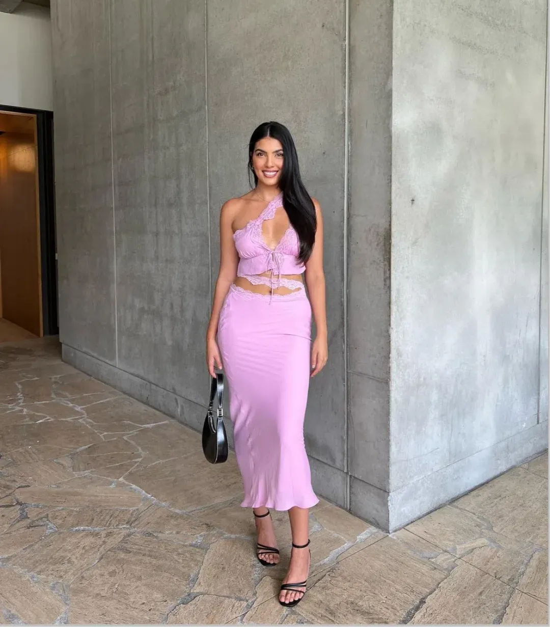 House of CB Lorena Crop & Mathilda Skirt Set Pink S/Au 8 for rent on The Volte - main image