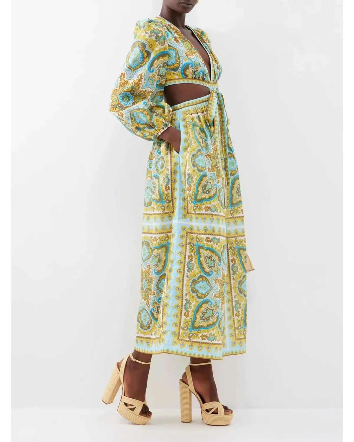 Zimmermann Halcyon Tie Front Midi Dress Blue Yellow Paisley Size 1 / AU 10 - Image 2