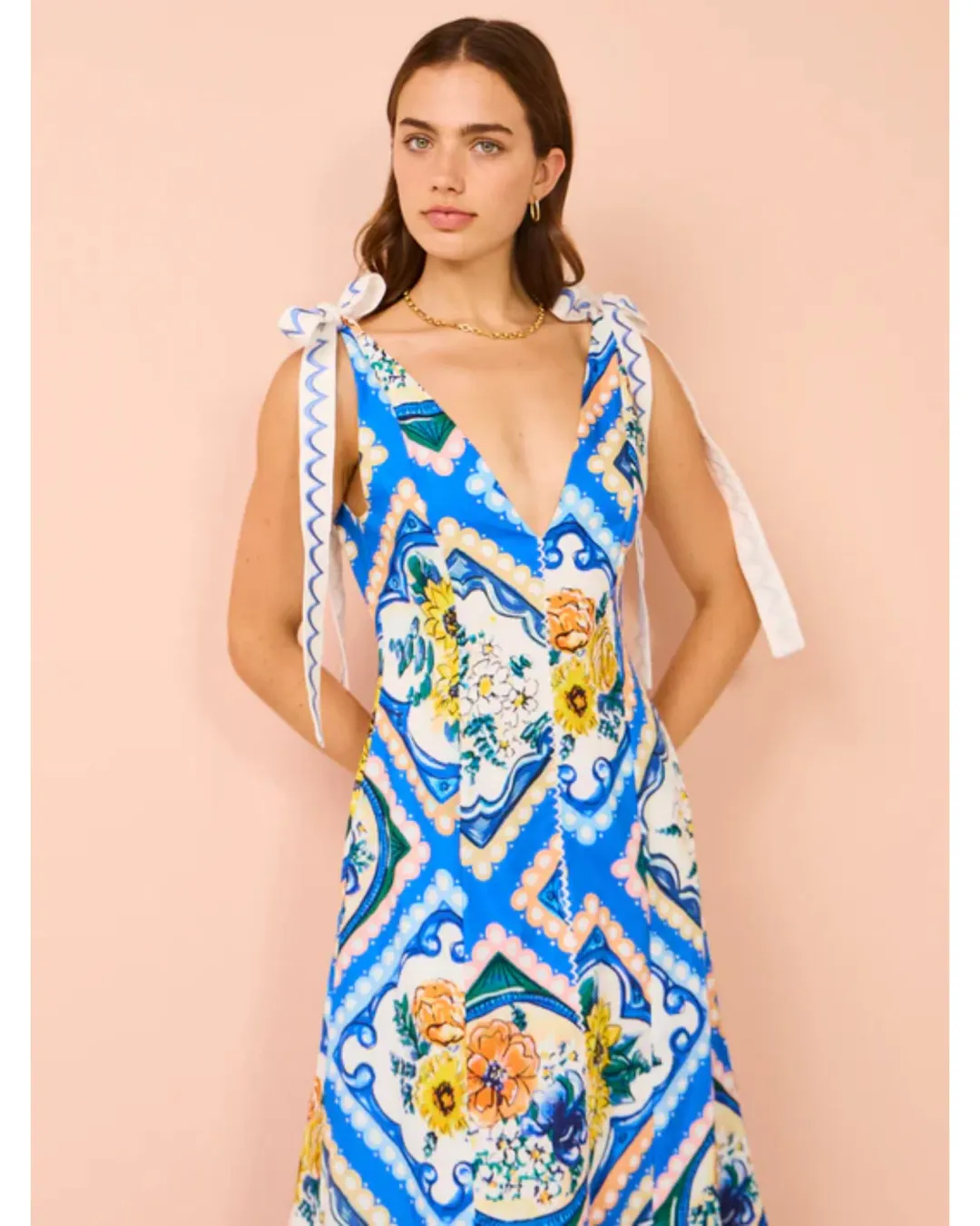 By Nicola Adonica Tie Shoulder Maxi Dress in Azure Flower Size AU 14 for rent on The Volte - main image