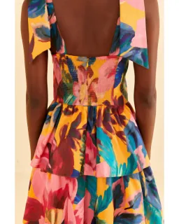 Farm Rio Yellow Painted Flowers Tiered Midi Dress Print Size Small / AU 8 for rent on The Volte - image 3
