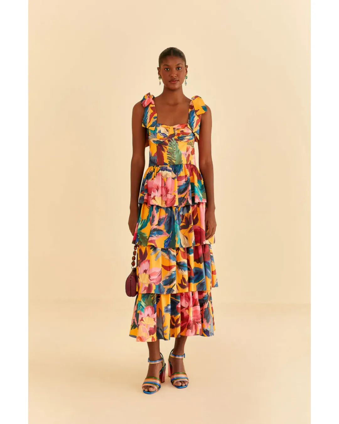 Farm Rio Yellow Painted Flowers Tiered Midi Dress Print Size Small / AU 8 for rent on The Volte - main image