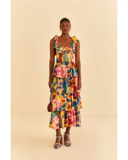 Farm Rio Yellow Painted Flowers Tiered Midi Dress Print Size Small / AU 8 for rent on The Volte - image 1