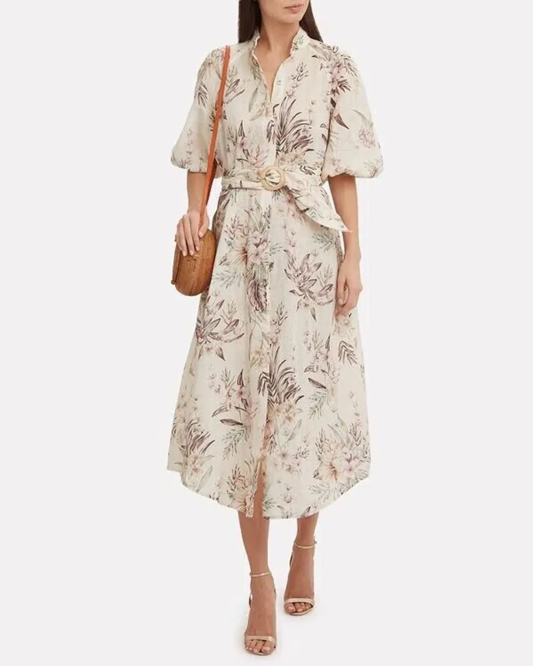 Zimmermann Wayfarer Puff Sleeve Linen Day Tea Shirt Dress Cream Floral Size 2 / AU 12 for rent on The Volte - main image