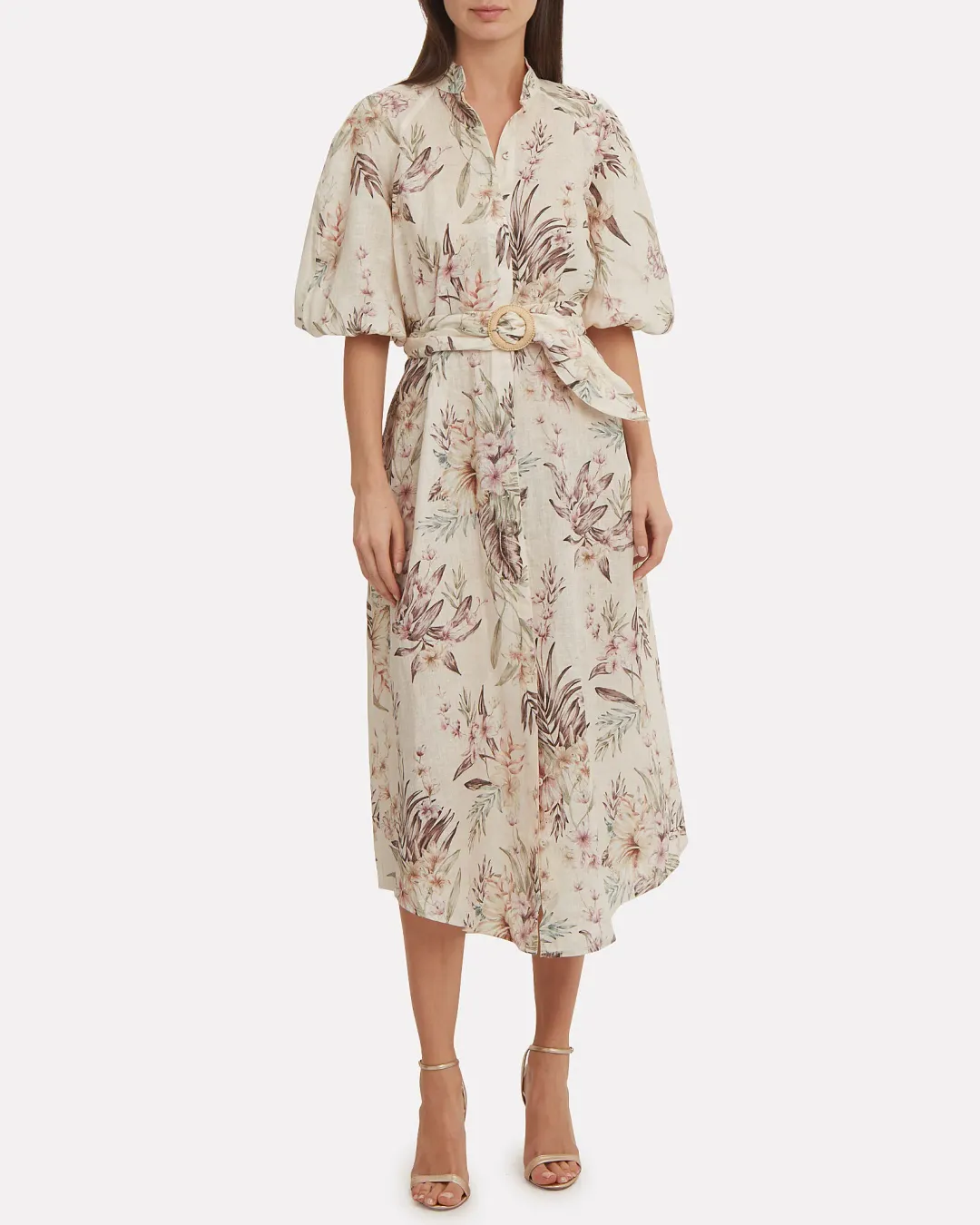 Zimmermann Wayfarer Puff Sleeve Linen Day Tea Shirt Dress Cream Floral Size 2 / AU 12 for rent on The Volte - main image