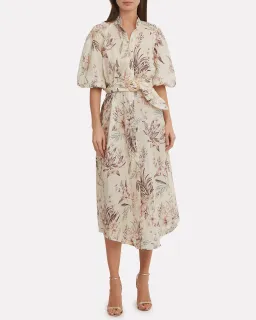 Zimmermann Wayfarer Puff Sleeve Linen Day Tea Shirt Dress Cream Floral Size 2 / AU 12 for rent on The Volte - image 1